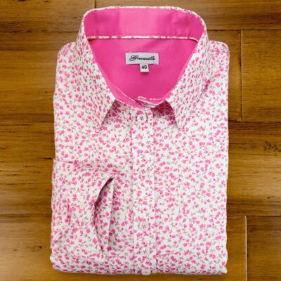 Camicia aderente a forma floreale bianca Grenouille con rosa ciliegia