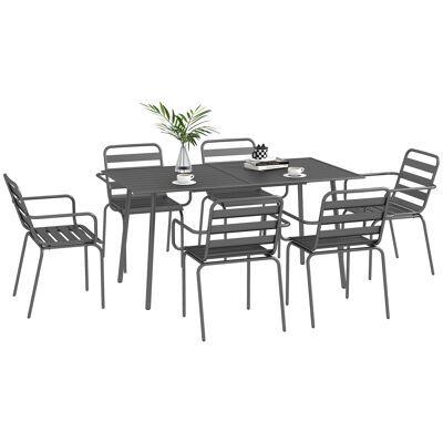 Outsunny Garden Furniture 7-teiliges Garten-Ess-Set mit 1 Tisch und 6 stapelbaren Stühlen aus grauem Stahl