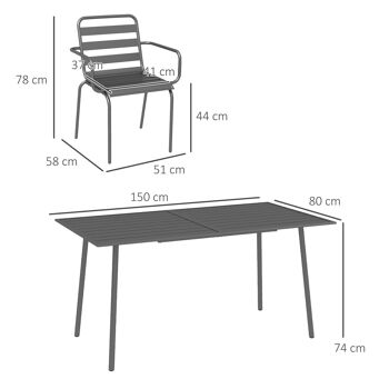 Outsunny Salon de jardin ensemble salle à manger de jardin 7 pièces avec 1 table et 6 chaises empilables en acier gris 5