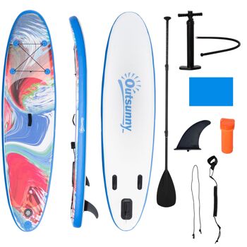 Outsunny Planche de stand up paddle gonflable, pagaie en aluminium réglable, dim. 320L x 76l x 15H cm, bleu et blanc 1