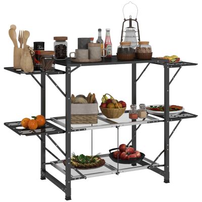 Mesa de cocina plegable para camping, acero y aluminio, bolsa de transporte, 2 estantes, 2 estantes y portavasos.