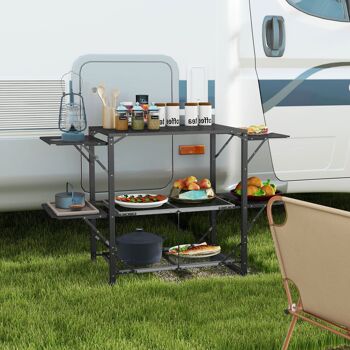 Table de cuisine de camping pliante, acier et aluminium, sac de transport, 2 tablettes , 2 étagères et porte-gobelets 2