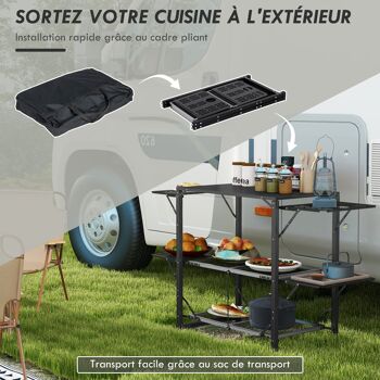 Table de cuisine de camping pliante, acier et aluminium, sac de transport, 2 tablettes , 2 étagères et porte-gobelets 4
