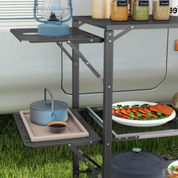 Table de cuisine de camping pliante, acier et aluminium, sac de transport, 2 tablettes , 2 étagères et porte-gobelets 8