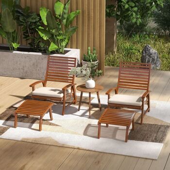 Fauteuils de jardin - chaises relax avec repose-pieds lot de 2 - ensemble de 4 pièces bois d'acacia avec coussins crème 2