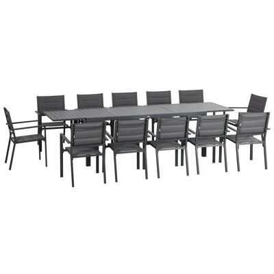 Mobiliario de jardín en aluminio y textilene mesa extensible para 8/12 personas 12 sillas apilables gris