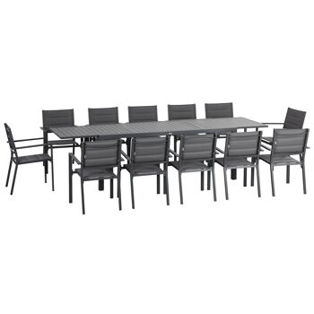 Salon de jardin en aluminium et textilène table extensible 8/12 personnes 12 chaises empilables gris 1