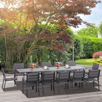 Salon de jardin en aluminium et textilène table extensible 8/12 personnes 12 chaises empilables gris 2
