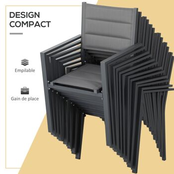 Salon de jardin en aluminium et textilène table extensible 8/12 personnes 12 chaises empilables gris 4