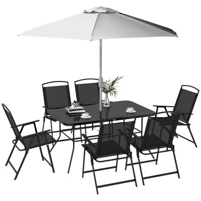 Conjunto de muebles de jardín de 8 piezas con sombrilla grande, mesa y sillas plegables, metal epoxi, poliéster textileno, negro