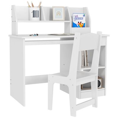 Schreibtisch- und Stuhlset für Kinder von 5 bis 8 Jahren mit viel Stauraum, ausziehbarem Regal und weißer Schublade