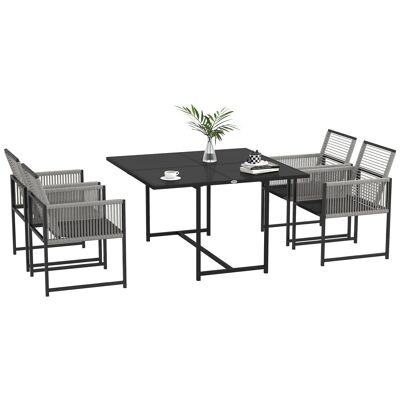Gartenmöbel-Set mit Tisch und Stühlen, bestehend aus 1 Esstisch und 4 Stühlen, klappbarer Rückenlehne, Tischplatte aus gehärtetem Glas