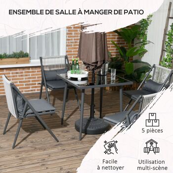 Ensemble de jardin 4 chaise et 1 table salon de jardin 5 pièces avec coussins plateau en verre trempé gris foncé 6