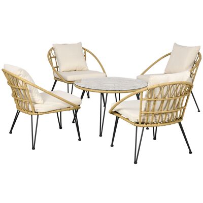 Conjunto de muebles de jardín de 5 piezas con 4 sillones y 1 mesa de centro redonda estilo bohemio 8 cojines de resina efecto ratán