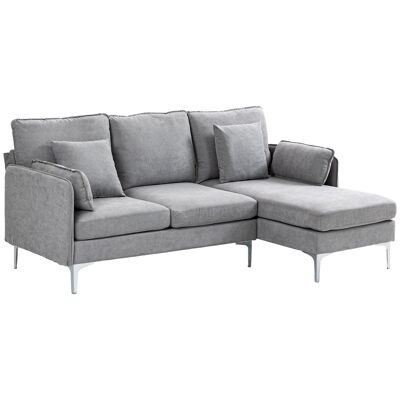 Sofá esquinero 3 plazas, chaise longue reversible derecha o izquierda, salón, tejido de poliéster gris claro gran comodidad