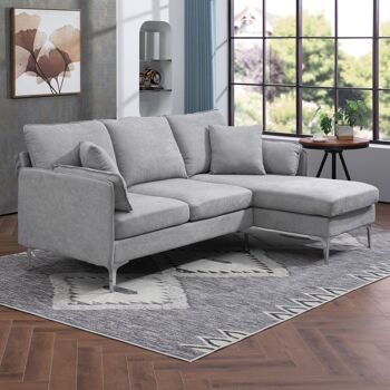 Canapé d'angle 3 Places méridienne réversible droite ou gauche, salon, grand confort Tissu Polyester Gris Clair 2