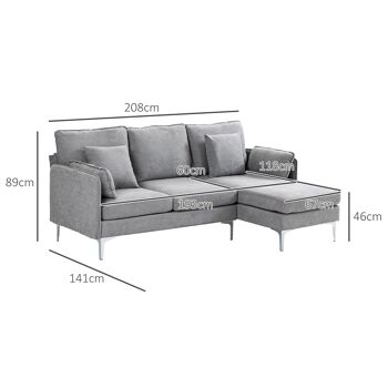 Canapé d'angle 3 Places méridienne réversible droite ou gauche, salon, grand confort Tissu Polyester Gris Clair 5