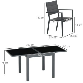 Outsunny Salon de jardin en aluminium et textilène table extensible 4 chaises empilables 4 personnes gris 5