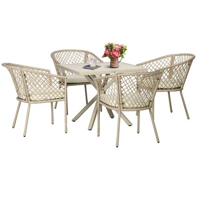 Set da pranzo da giardino 5 pezzi, 4 sedie e 1 tavolo quadrato, metallo e corda intrecciata in resina effetto rattan