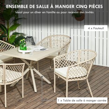 Ensemble salle à manger de jardin 5 pièces 4 chaises et 1 table carrée, métal et corde tressée en résine effet rotin 4