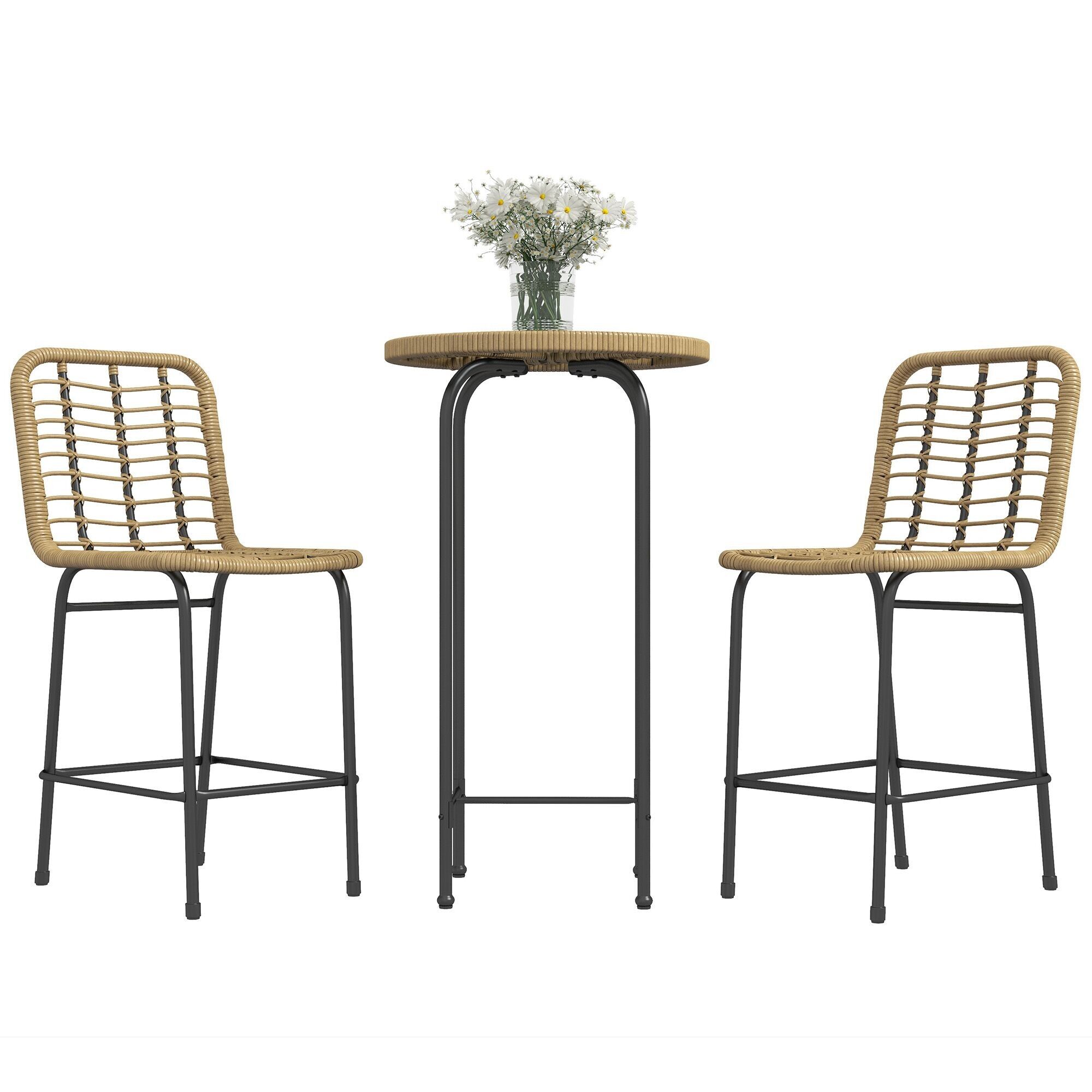 3-teiliges Set 1 runder Hochtisch im Bohemian-Design + 2 runde Hocker mit Metallfußstütze für 2 Personen natur