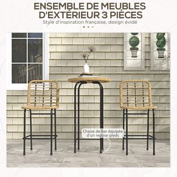 Ensemble 3 pièces 1 table haute ronde design bohème + 2 tabourets ronds avec repose-pied en métal 2 personnes naturel 3