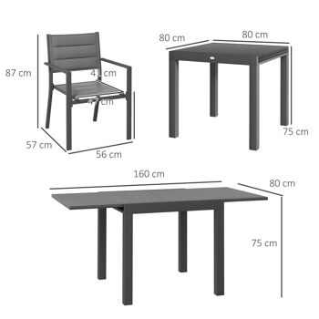 Salon de jardin ensemble table et chaises 5 pièces avec 1 table à manger extensible 4 chaises dossier haut gris foncé 5