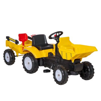 HOMCOM Tractor de pedales infantil de 3 a 6 años Retroexcavadora con remolque pala y rastrillo amarillo negro