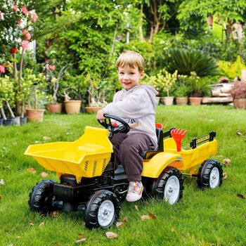 HOMCOM Tracteur à pédales enfant de 3 à 6 ans tractopelle avec remorque pelle et râteau jaune noir 2