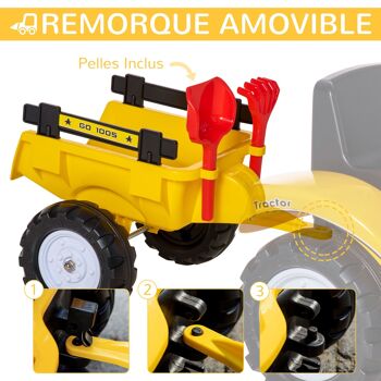 HOMCOM Tracteur à pédales enfant de 3 à 6 ans tractopelle avec remorque pelle et râteau jaune noir 6