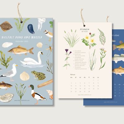 Calendario 2025 - Diversità intorno all'acqua | Calendario mensile | Calendario da parete | mare | acque | acqua | Natura | Illustrazione|| CUORE E CARTA