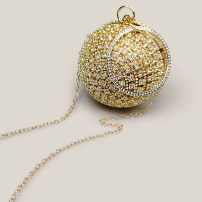 Embrague de bola dorada con aspecto de diamante deslumbrante y elegante