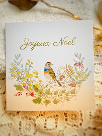 Carte double aquarelle "Joyeux Noël" gorgebleue et demi couronne format 13x13 cm