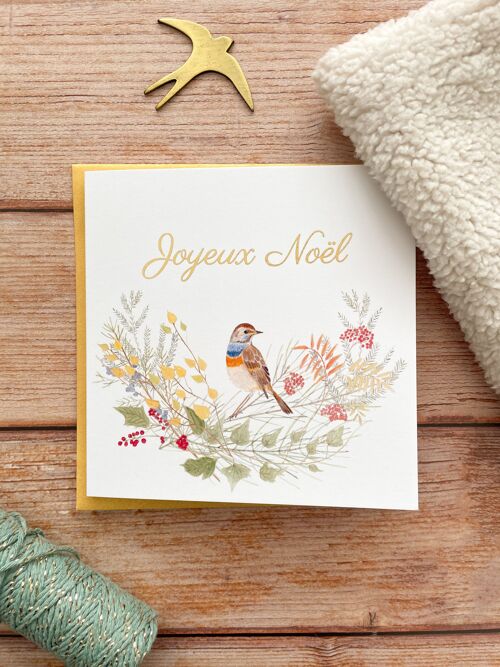 Carte double aquarelle "Joyeux Noël" gorgebleue et demi couronne format 13x13 cm