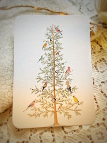 carte aquarelle le sapin aux oiseaux