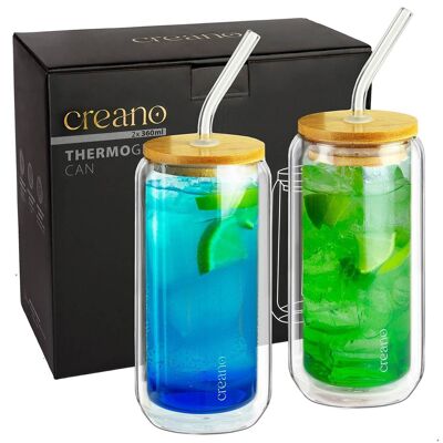 Creano double-walled drinking glass with bamboo lid & straw 360ml - smoothie cup - bubble tea - cocktail glass - set of 2
