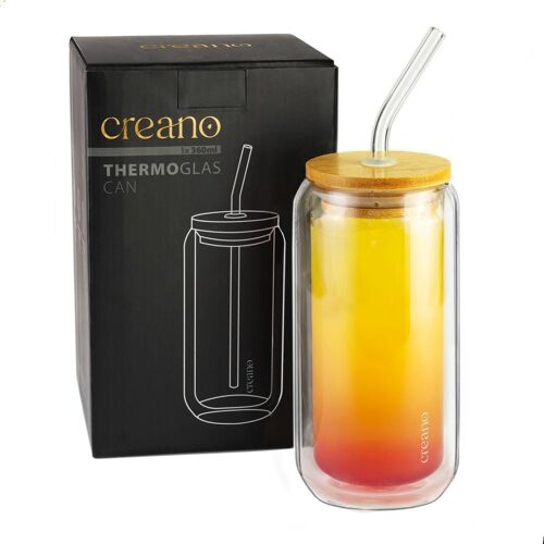 Creano doppelwandiges Trinkglas mit Bambusdeckel & Strohhalm 360ml - Smoothie Becher - Bubble Tea - Cocktailglas