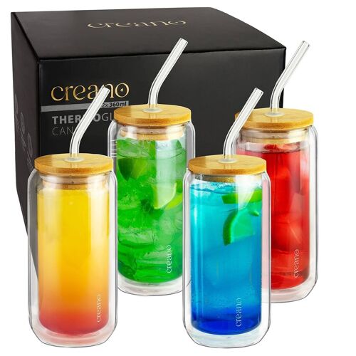 Creano doppelwandiges Trinkglas mit Bambusdeckel & Strohhalm 360ml - Smoothie Becher - Bubble Tea - Cocktailglas - 4er Set