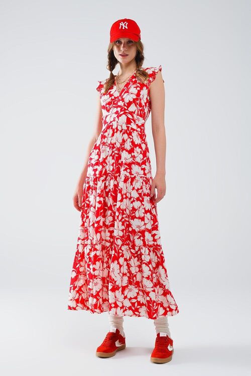 Red maxi dress with floral print and V-neck