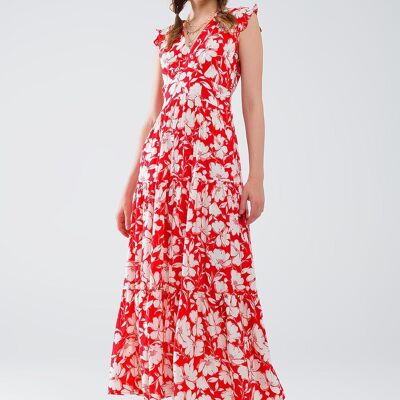 Robe longue rouge à imprimé floral et col en V