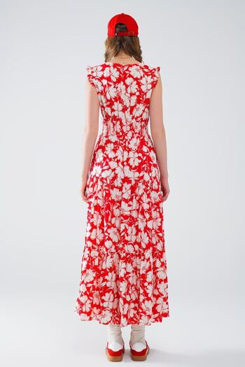 Robe longue rouge à imprimé floral et col en V 2