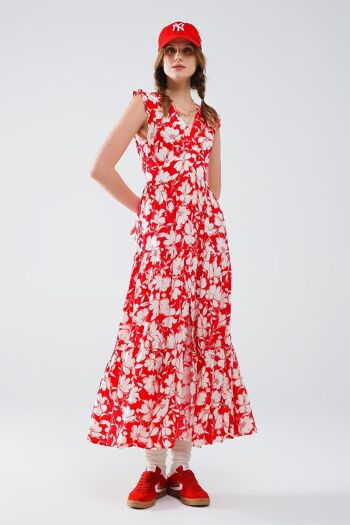 Robe longue rouge à imprimé floral et col en V 4