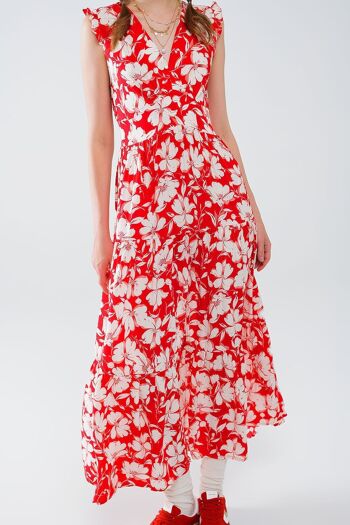 Robe longue rouge à imprimé floral et col en V 5