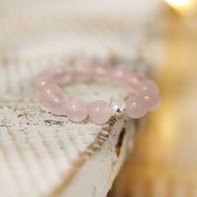 ANELLO ELASTICO IN QUARZO ROSA E ARGENTO PERLINE NATURALI 4MM