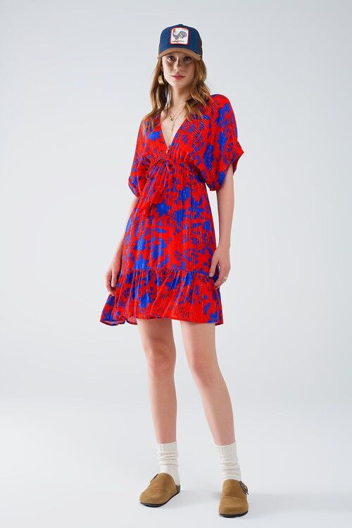 Short Flowy Dress In Red With Blue Floral Print