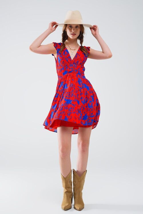 Short Dress In Red With Blue Floral Print And V-neck