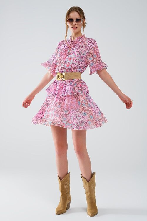 Short Dress With Abstract Print And Ruffled Skirt in Shades of Pink