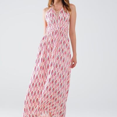 Maxi-Sommerkleid mit Federprint und offenem Rücken in Pink