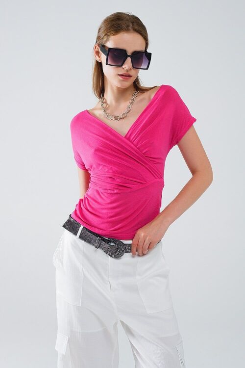 V-neck crossed drapped fitted top with cap sleeves in Fuchsia