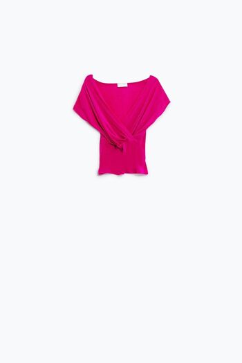 Haut ajusté drapé croisé à col en V avec manches courtes en Fuchsia 5